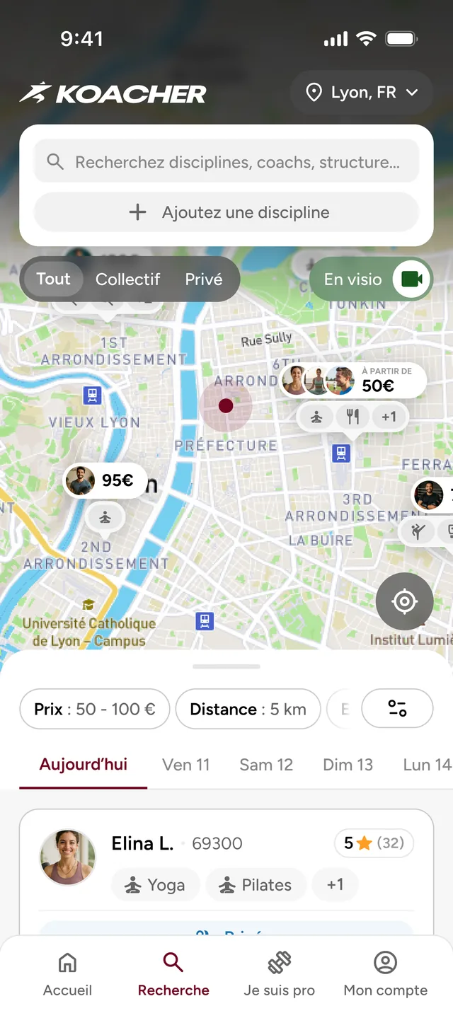 Écran de l'application KOACHER : recherche de disciplines, de structures et de coachs sur une carte