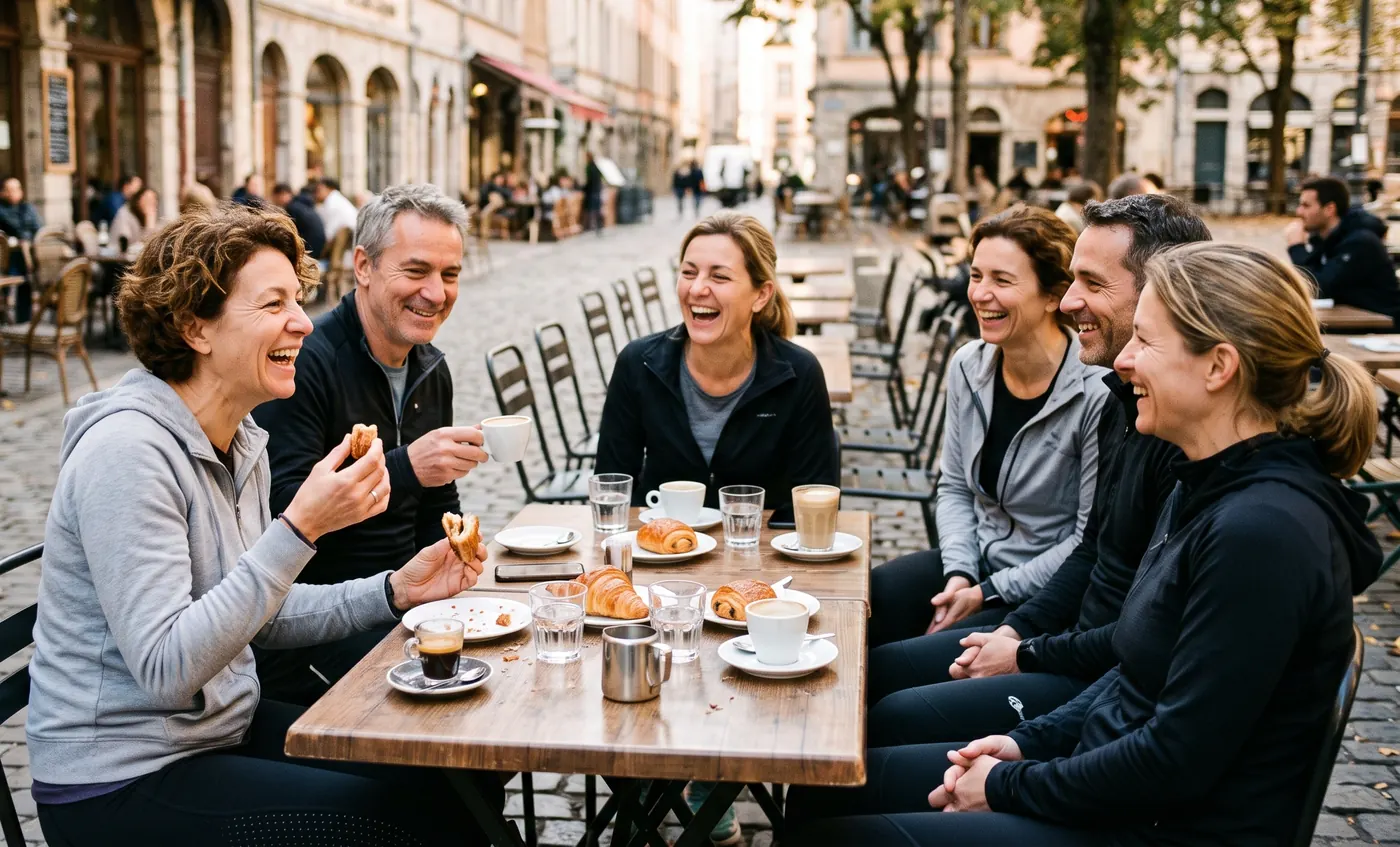 Dirigeants en tenue de sport partageant un café en terrasse après une séance