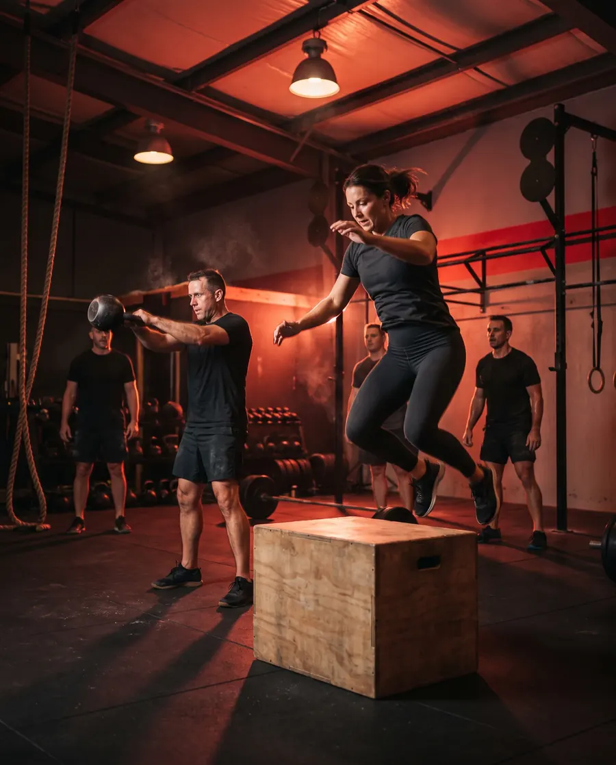 Circuit training avec kettlebell et box jump dans une salle
