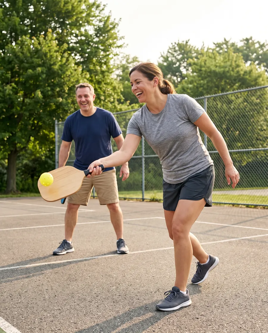 Deux joueurs en partie de pickleball sur un terrain extérieur